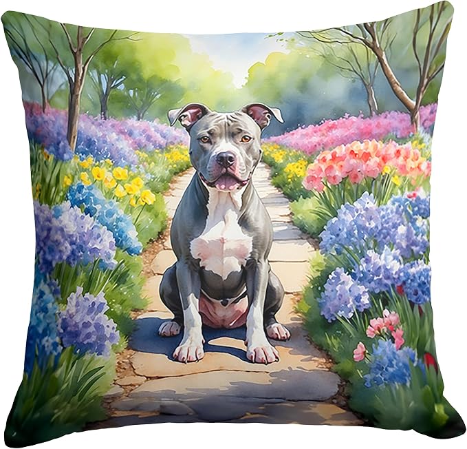 Caroline's Treasures Pit Bull Terrier Spring Path Throw Pillow Machine Washable, Indoor Outdoor Decorative Pillow for Couch, Bed or Patio, 18Hx18W