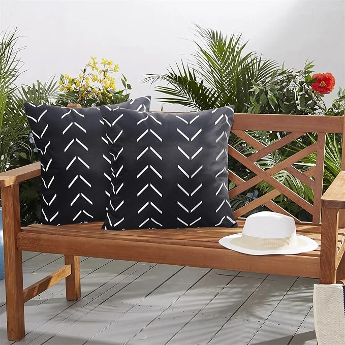 Adabana Geometric Waterproof Outdoor Pillow Covers 16x16 Black and White | Set of 2 Waterproof Design for Patio, Porch, Garden and Beach Decor