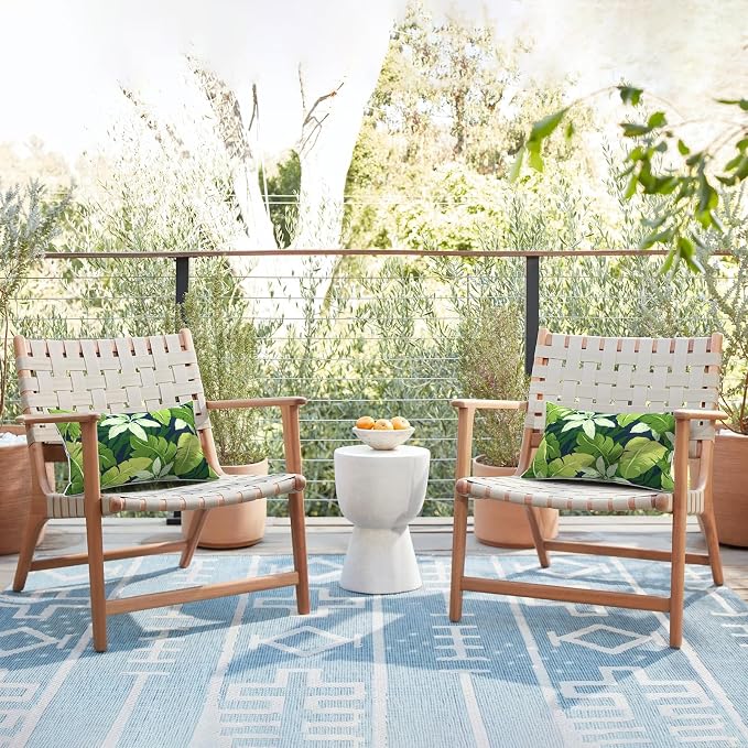 LVTXIII 2 Pack Outdoor Lumbar Pillows 12x20 Inch with White Piping, Fade Resistant Support Throw Pillows with Inserts for Patio Furniture, Sofa, Chair, Jungle Leaves