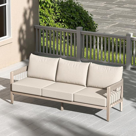 3-Seater Outdoor Sofa, Never-Rust Aluminum Patio Couch with Hand-Woven Rope Armrests & Extra Thick Cushions, Faux Wood Grain Finish Modern Outdoor Furniture Set for Balcony, Deck, Porch