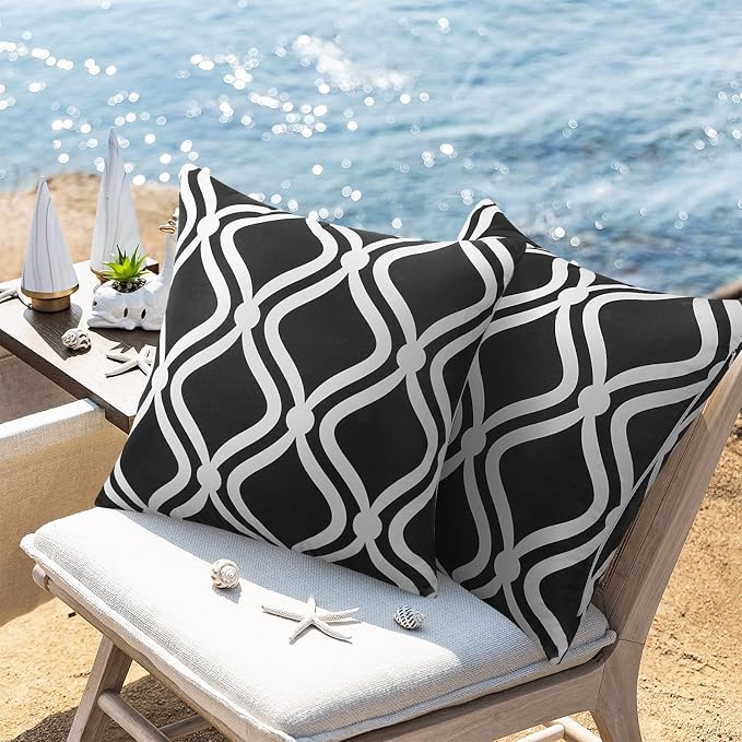 Merrycolor Outdoor Pillows Cover Waterproof Set of 2 Modern Geometry Patterns Decorative Black and White Pillowcases 18x18 Inches for Patio Furniture Couch Garden
