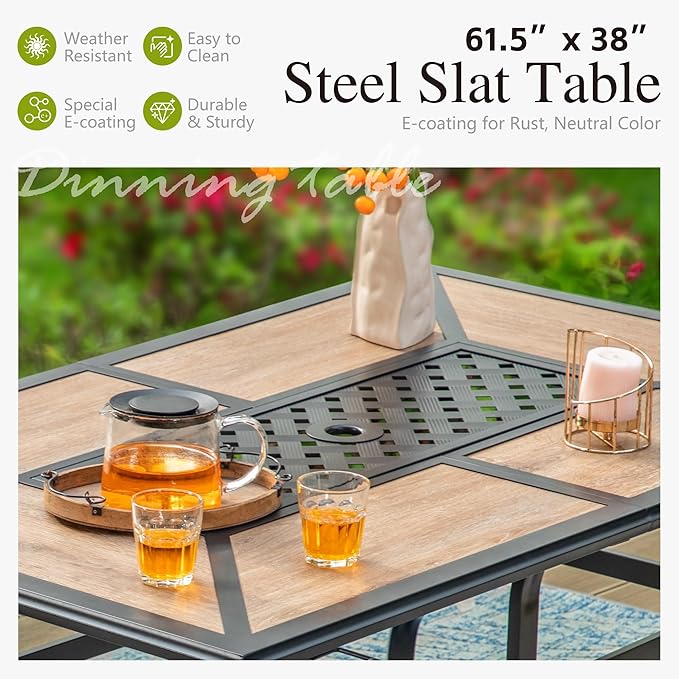 Sophia & William Patio Set with Umbrella Outdoor Dining Set with 13ft Navy Umbrella, 6 x Fixed Dining Chairs, 1 Wood Like Patio Table for Lawn Garden Backyard Pool (Umbrella Base Not Included)