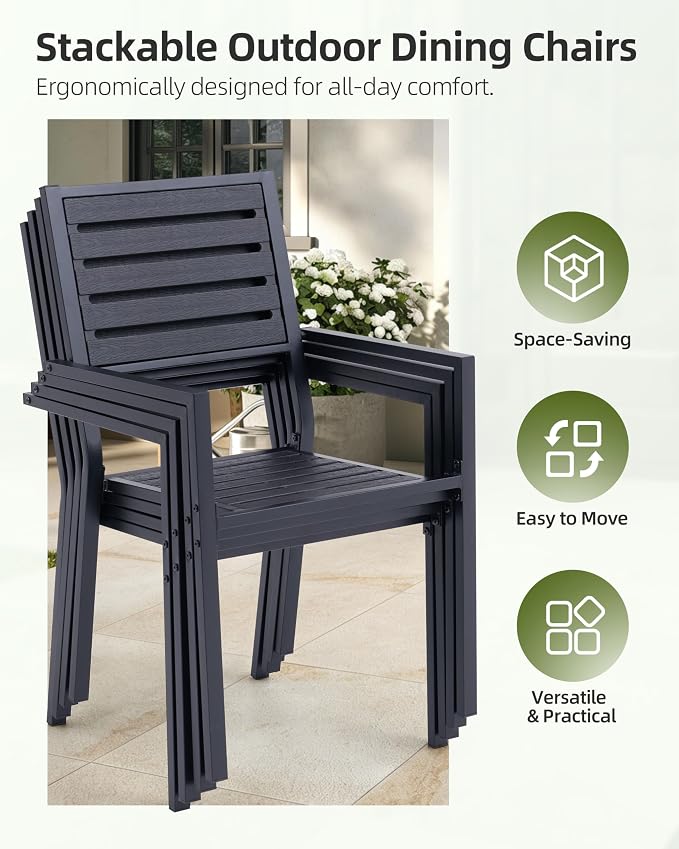 7-Piece Outdoor Dining Set - All-Weather HDPE Patio Table and 6 Stackable Chairs with Rust-Proof Steel Frame, Space-Saving Patio Furniture Set for Backyard (Black)