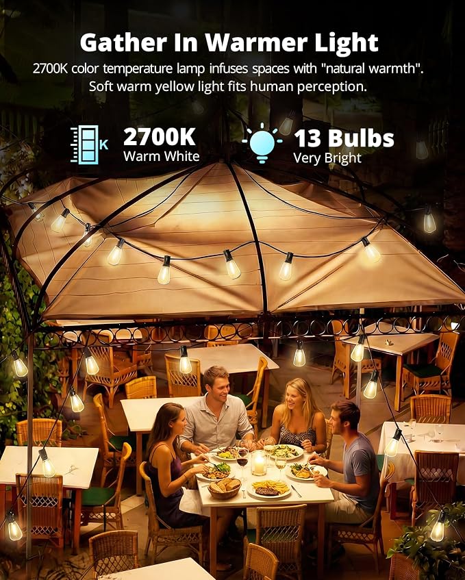 VIPAR Outdoor String Lights, 30FT LED Patio Lights Waterproof 14 ST38 Bulbs | Shatterproof,Edison Outside Lights,Plug-In,2700K Dimmable, Connectable, Hanging Light for Porch Garden Backyard Deck Balcony