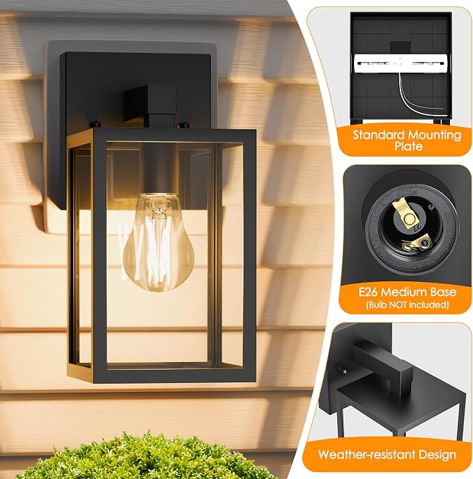 Outdoor Wall Light, Waterproof Exterior Porch Lighting Fixture | 4 Pack, Black, Anti-Rust, Patio Wall Lantern Sconce, E26 Socket Wall Mount Lighting, Front Door Light for Outside Entryway