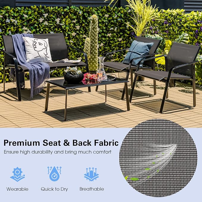 HAPPYGRILL 4 Piece Outdoor Conversation Set Patio Furniture Set, Breathable Fabric Single Chairs & Loveseat, Tempered Glass Coffee Table, Patio Bistro Set for Poolside Yard Garden
