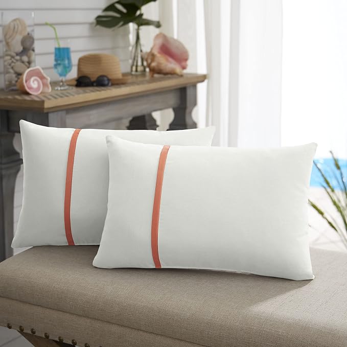 Sorra Home x Sunbrella - Indoor/Outdoor Lumbar Pillows (Set of 2), Canvas Natural Ivory & Melon Coral