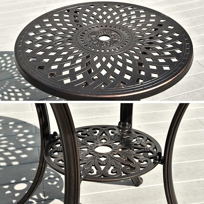 DWVO 30 Inches Round Patio Dining Table with Umbrella Hole, Antique Cast Aluminum Outdoor Bistro Table Outdoor Side Table for Backyard, Garden, Patio, Porch, Hammered Bronze