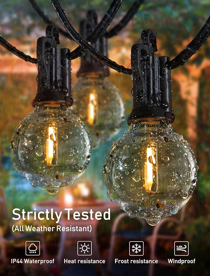 Brightown LED Outdoor String Lights Patio Lights 100FT with 104 LED Bulbs, Shatterproof Weatherproof Commercial Hanging Light for Backyard Bistro Pergola Party Decor, E12 Socket Base, 2200K, Black