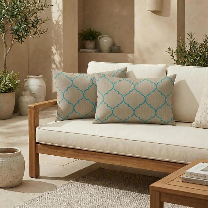 RSH DECOR: Sunbrella Lumbar Throw Pillows Set of 2 | 20" x 12" | Water and Fade-Resistant Performance Fabric | Outdoor Pillow Covers with Down-Alternative Inserts | Made in USA (Trellis Geo II Mist)
