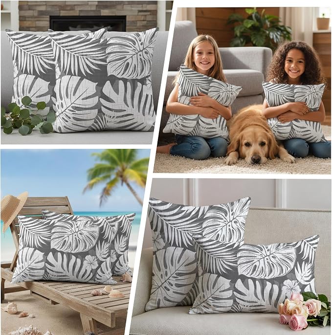 Grey Palm Leaves Outdoor Pillow Covers 20"x20" Set of 2, Tropical Botanical Modern Minimalist Waterproof Throw Pillow Covers for Patio Furniture, Decorative Cushion Covers for Porch