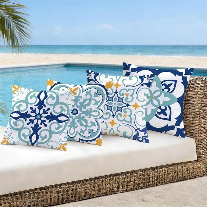 NIGHTWISH Outdoor Waterproof Pillow Covers 18x18 Set of 4 Teal Boho Decorative Throw Pillows Floral Cushion Cases for Patio Furniture Bench Couch Sunbrella