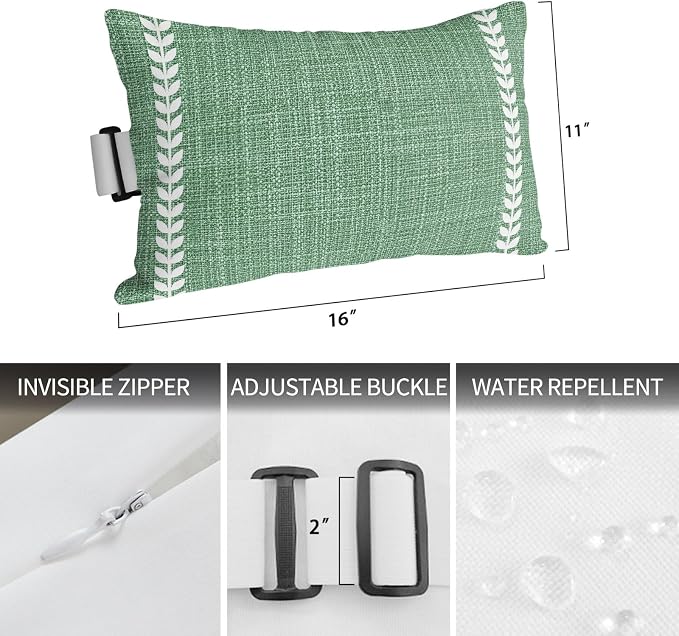 Forest Sage Green Outdoor Lumbar Pillows 11x16 Set of 2, Spring Botanical Lines Art Simple Waterproof Throw Pillow Covers with Insert, Decorative Pillowcase Cushion for Couch Sofa Bed