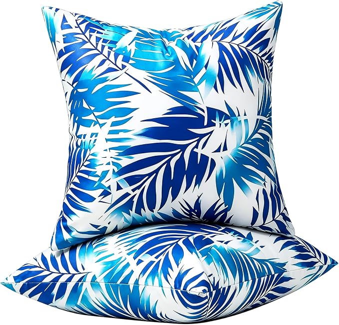 Outdoor Pillow Covers Waterproof Summer Decorative Throw Pillow Covers Blue Tropical Leaf Couch Covers 18x18 Set of 2 Square Outdoor Cushion Home Decor for Patio Furniture Garden Tent Balcony Bench