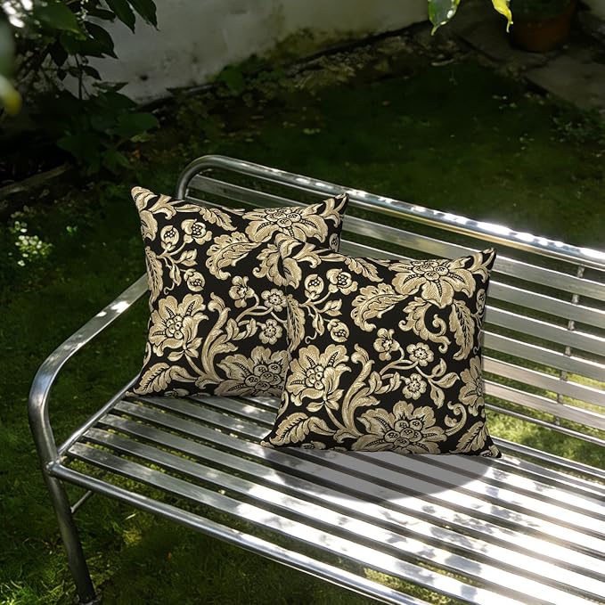 Outdoor Throw Pillow Covers 18x18 Inch, Decorative Pillow Covers for Patio Furniture, Jacobean Black Modern Cushion Cases for Garden Couch Home Sofa, Pack of 2