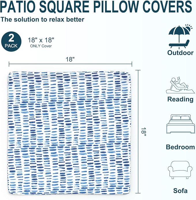 DYTXIII Pack of 2 Outdoor Waterproof Pillow Covers ONLY, 18"x18" Square Decorative Double Printed Throw Pillow Cases for Patio Couch Porch Furniture, Pebble Blue