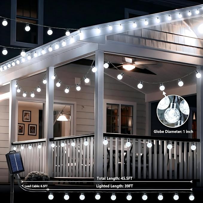 Joomer White Solar String Lights,39FT 60LED Crystal Ball Fairy Lights | 8 Modes Waterproof Outdoor Solar Powered Patio Light for Spring Summer Garden Lawn Gazebo Porch Backyard Tree Decorations