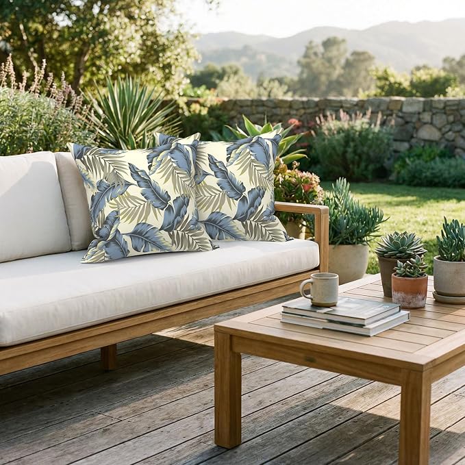 20x20 Inch Pack of 2 Patio Throw Pillow Covers ONLY, Water Repellent Cushion Cases, Square Pillowcases for Outdoor Couch Decoration, ‌Lush Palm Blue