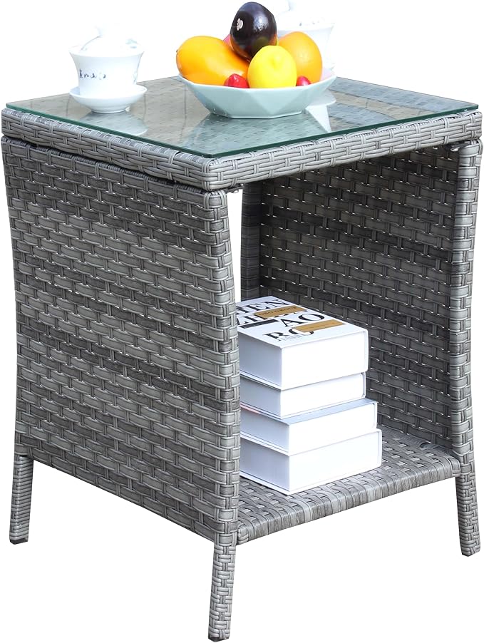 IRONORA Outdoor Wicker Side Table Patio Side Tables for Outside, Tempered Glass Top Wicker Table with Storage End Table for Balcony Porch Deck