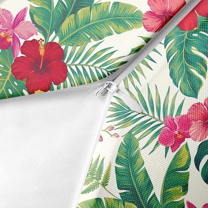 Throw Pillow Covers, Tropical Floral, 18 x 18 Inch, Set of 2 | Hawaiian Botanical Outdoor Waterproof Square Pillowcase Cushion Case Farmhouse Garden Decorative for Couch Beach Patio