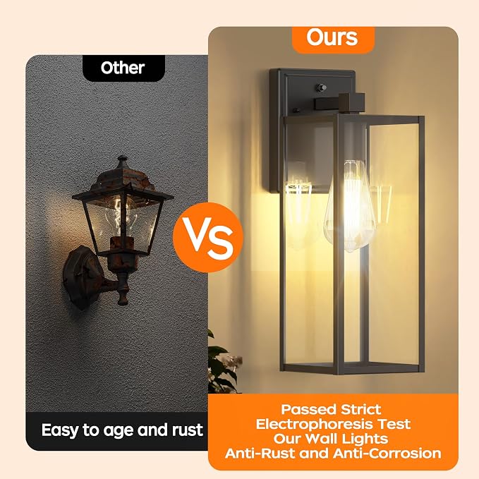16" Dusk to Dawn Exterior Lighting Fixture, Outdoor Porch Light Wall Sconce | Anti-Rust Metal Frame, Tempered Glass, E26 Base, Waterproof, Sensor Wall Lantern for Patio, Garage, Entryway