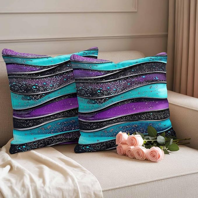 JasmineM Outdoor Pillow Cover 16x16 Inches Set of 2 Abstract Purple Teal Wave Waterproof Throw Pillow Covers Modern Black Strips Decorative Pillowcases Garden Cushion Case for Patio Couch Sofa