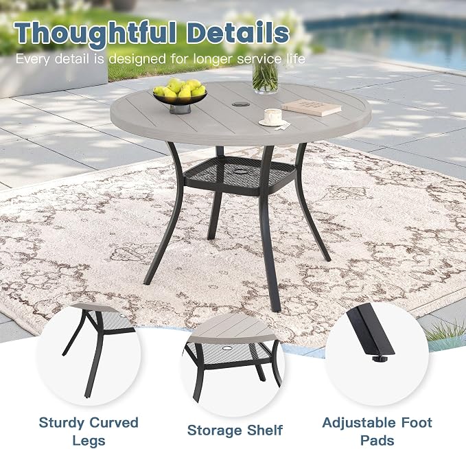 DIFY 5 Piece Outdoor Dining Set, 40" Grey Wood-Like Round Metal Patio Table and Grey Textilene Stackable Chairs for 4, All Weather Patio Furniture Set with Umbrella Hole for Backyard Garden Deck