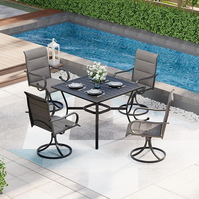 MELLCOM 37''x37'' Outdoor Dining Table for 4, Metal Patio Dining Table with 1.57'' Umbrella Hole and Adjustable Feet, All-Weather Black Square Table for Porch, Garden, Backyard, Poolside