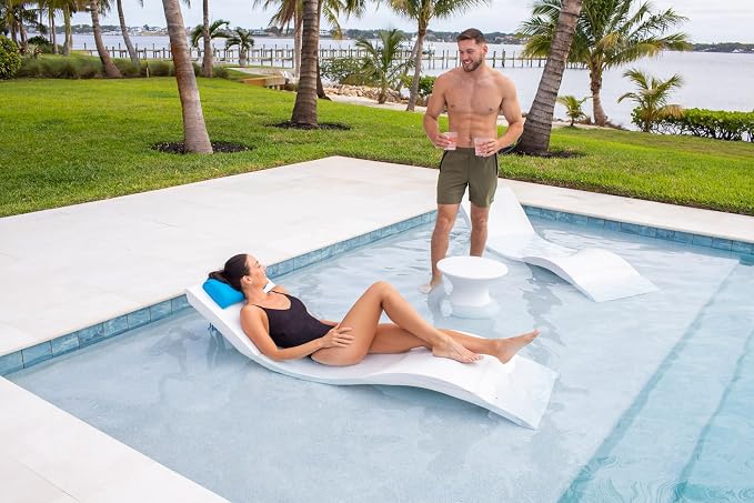 Headrest pillow for patio chaise lounge, in pool lounger on ledge with non-slip weighted tail and cellphone pocket, quick drying outdoor for all weather pool furniture and loungers (Havelock Blue)