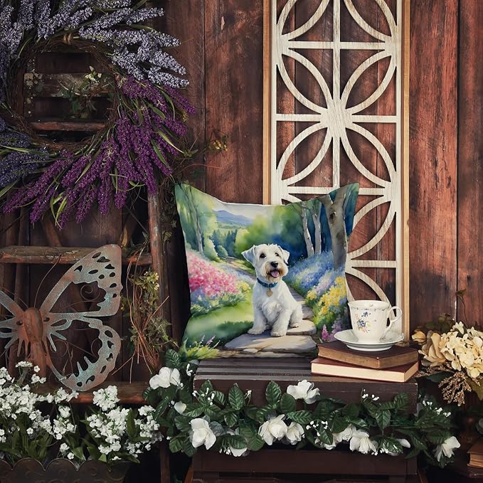 Caroline's Treasures Sealyham Terrier Spring Path Throw Pillow Machine Washable, Indoor Outdoor Decorative Pillow for Couch, Bed or Patio, 18Hx18W