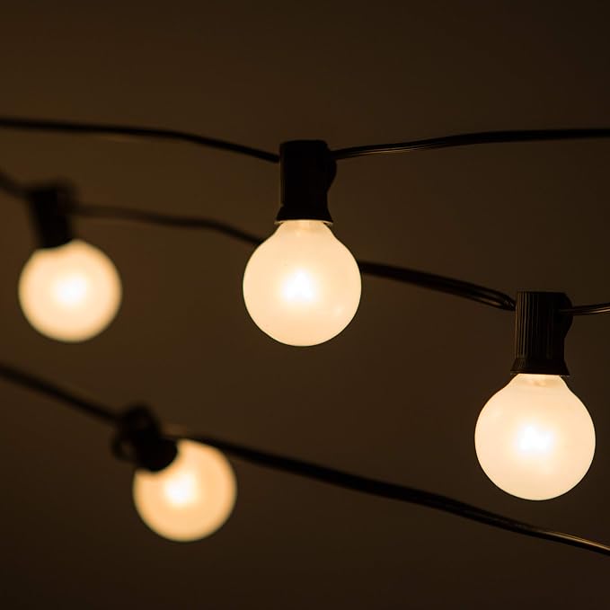 G40 White Pearl Outdoor Patio Globe String Lights (25 Foot - Green Wire) | G40 Frosted White Pearl 1.6" Bulbs