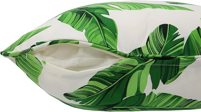 Outdoor Throw Pillow with Insert 18x18 Inch, Set of 2, Piping Edge Waterproof Fade Resistant Decorative Fluffy Pillows for Patio Furniture Chair Bench Couch Sofa - Green Leaves White