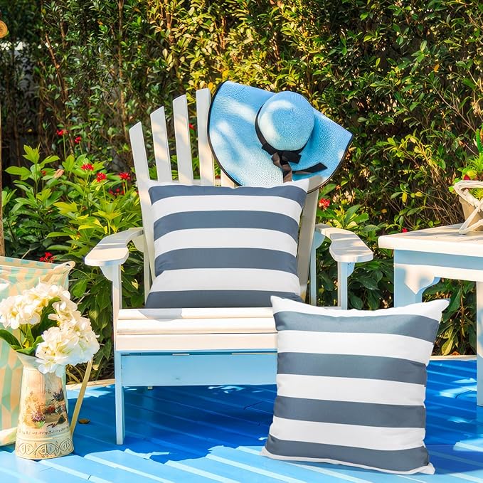 Lewondr 2 Pack Outdoor Throw Pillow Covers, 18"x18", Navy Blue + White | Square Stripe, Waterproof, For Outdoor Patio Porch Farmhouse Garden Balcony Couch, 45x45cm