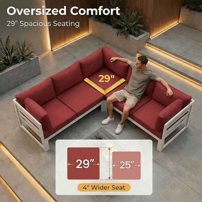 NICESOUL 14 Piece Luxury Aluminum Outdoor Sectional Sofa with End Table, L Shaped Oversized Modular Patio Furniture Set, 29" Deep Wide Seating, 500 lbs Heavy Duty Conversation Set for Backyard, Red