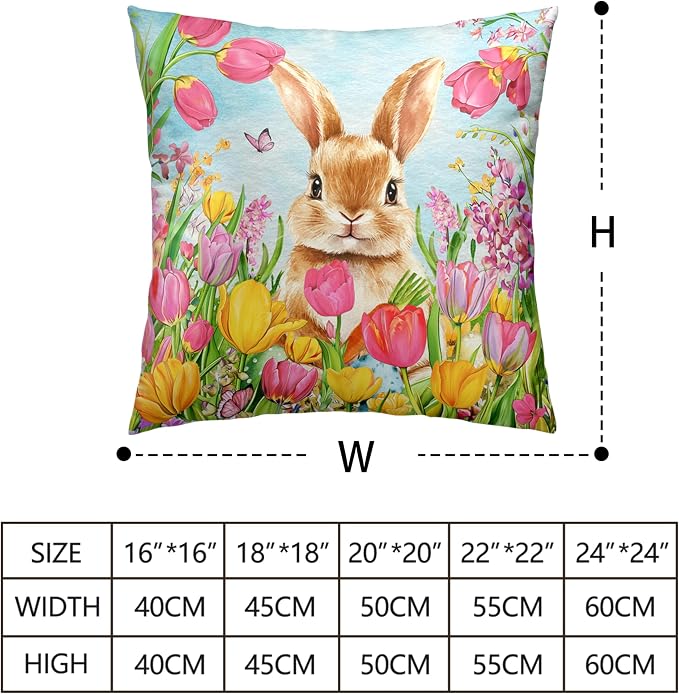 Easter Bunny Pillow Covers 24x24 Set of 2 Lovely Rabbit with Tulip Throw Pillow Covers Spring Pillow Case Floral Cotton Blend Cushion Case for Easter Decor Sofa Patio Garden