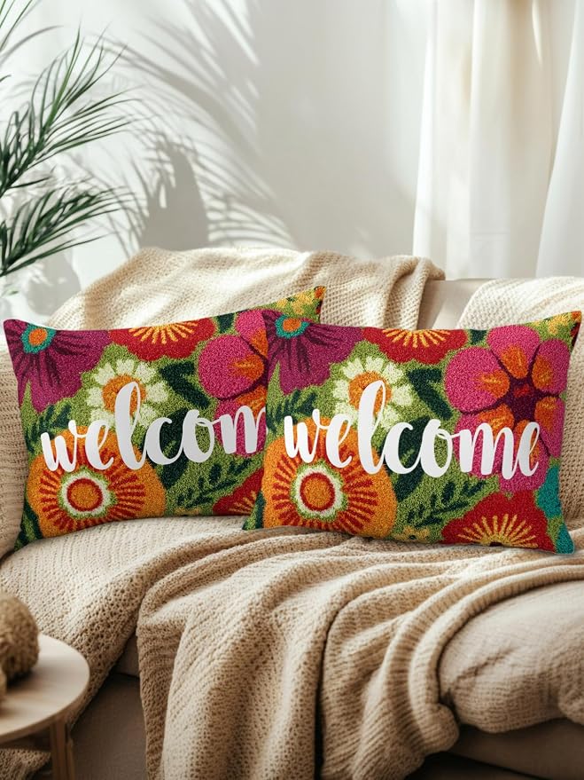 Outdoor Waterproof Throw Pillows 12x20in, Farmhouse Rustic Orange Red Floral Patio Pillows Pack of 2, Decorative Pillow Covers with Insert, Pillow Cushion Case for Garden Abstract Green Leaves