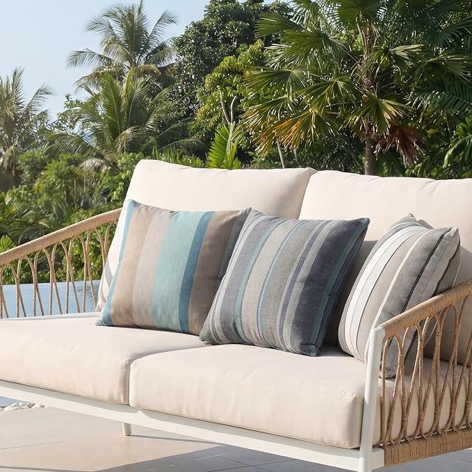 Outdoor Pillows, Patio Decorative Pillows Pack of 2, Waterproof Throw Pillows for Outdoor Furniture, 16× 16 Comfortable Spring Outdoor Pillows for Bed, Couch, Sofa, Blue Stripe