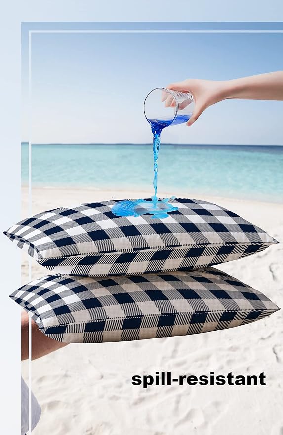 Outdoor Waterproof Throw Pillow Covers Set of 2 Buffalo Plaid Dark Blue Check Lumbar Pillowcases 20x12 Inches Farmhouse Style Patio Decorative Pillows Cushion Case Patio Pillows for Couch Bed Garden