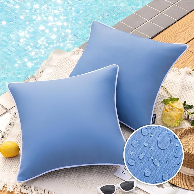 Phantoscope Pack of 2 Outdoor Waterproof Throw Pillow Covers Decorative Square Cushion Case Patio Pillows for Couch Tent, Foggy Blue 18x18 inches