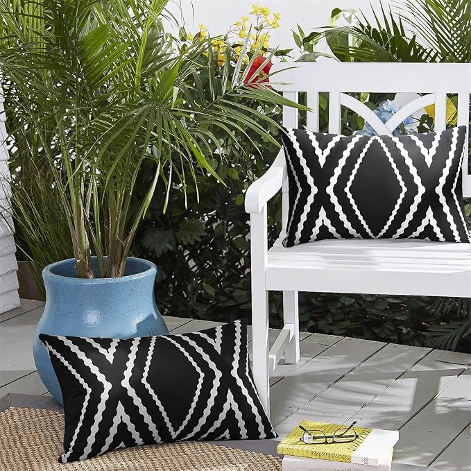 Adabana Outdoor Waterproof Pillow Covers 12x20 Black | Geometric Decorative Throw Pillow Covers Set of 2 for Patio, Garden, Porch, Farmhouse