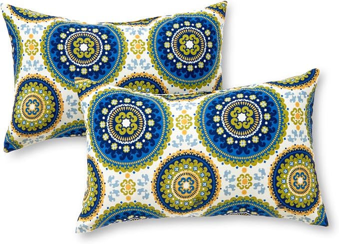Greendale Home Fashions Outdoor 19x12 inch Rectangle Decorative Throw Pillow, 2-Pack, Cobalt Medallion 2 Count