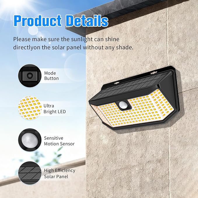 Aootek Solar Lights Outdoor 182 LEDs 2500Lm Warm White Solar Motion Sensor Lights IP65 Waterproof Wide Angle Lamp for Patio Garden Garage Yard Front Door (2-Pack)