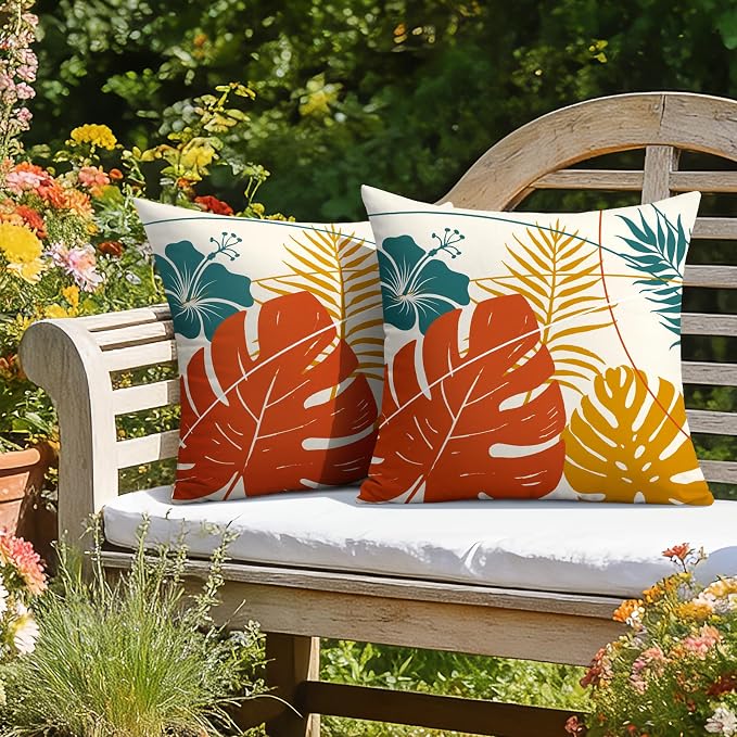OTOSTAR Outdoor Waterproof Throw Pillow Covers 18x18 Inch Set of 2 Double-Sided Orange Yellow Tropical Leaf and Flower Spring Summer Decorative Pillow Cases for Patio Funiture Garden Balcony Couch