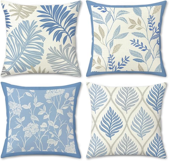 Bonhause Tropical Leaves Throw Pillow Covers 18 x 18 Inch Set of 4 Palm Leaf Floral Botanical Blue Decorative Pillow Cases Polyester Linen Outdoor Cushion Covers for Sofa Couch Garden Home Decor