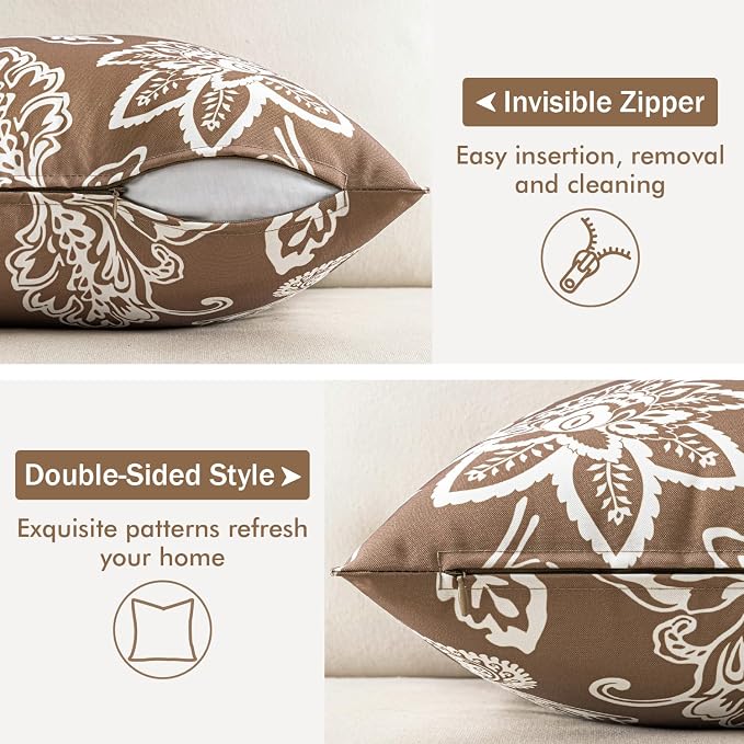 Decorative Outdoor Floral Pillow Covers Set of 2 18x18 Coffe Brown | Waterproof Boho Farmhouse,Decorative Throw Pillow Covers,Summer Coastal Accent Pillowcases,Patio Furniture Garden Sofa