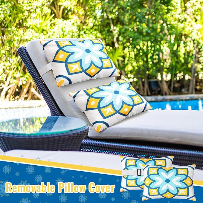 Juexica 2 Pack Chaise Lounge Pillow with Strap Outdoor Waterproof Beach Chair Neck Headrest Pillow Adjustable Elastic Band for Hammock Lumbar Recliner Pillows for Patio Pool Chair(Fresh Flowers)