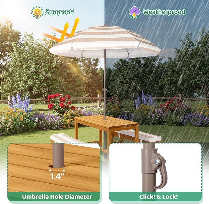 JOYMOR Kids Picnic Table Outdoor Wooden Table & Bench with Adjustable Umbrella, Picnic Table Set w/Removable Cushions for Backyard, Patio, Garden, Indoor(Natural)