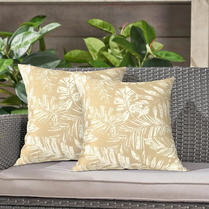 LVTXIII Outdoor Throw Pillows 16x16 Inch, Set of 2 Square Decorative Pillows with Inserts for Patio Furniture, Porch Chair, Garden Sofa, Tropical Leaf Oat