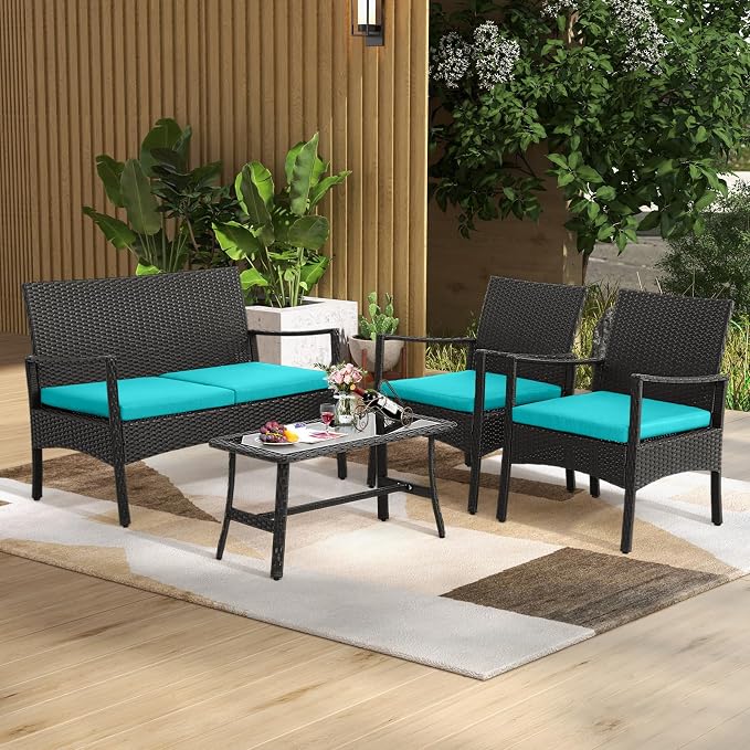 HAPPYGRILL 8 Pieces Patio Wicker Furniture Set PE Wicker Conversation Set, Rattan Sofa Chair with Cushions Tempered Glass Coffee Table, Outdoor Sectional Bistro Set for Poolside Backyard Lawn Garden