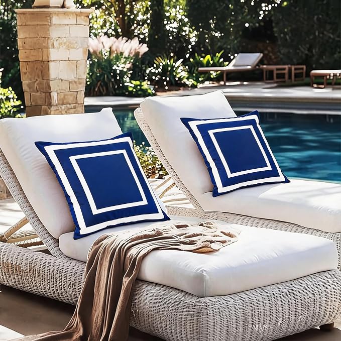 Pyonic Outdoor Waterproof Throw Pillow Covers 18 X 18 Inches Navy Blue and White Geometric Modern Pillow Covers for Patio Garden Porch Set of 2